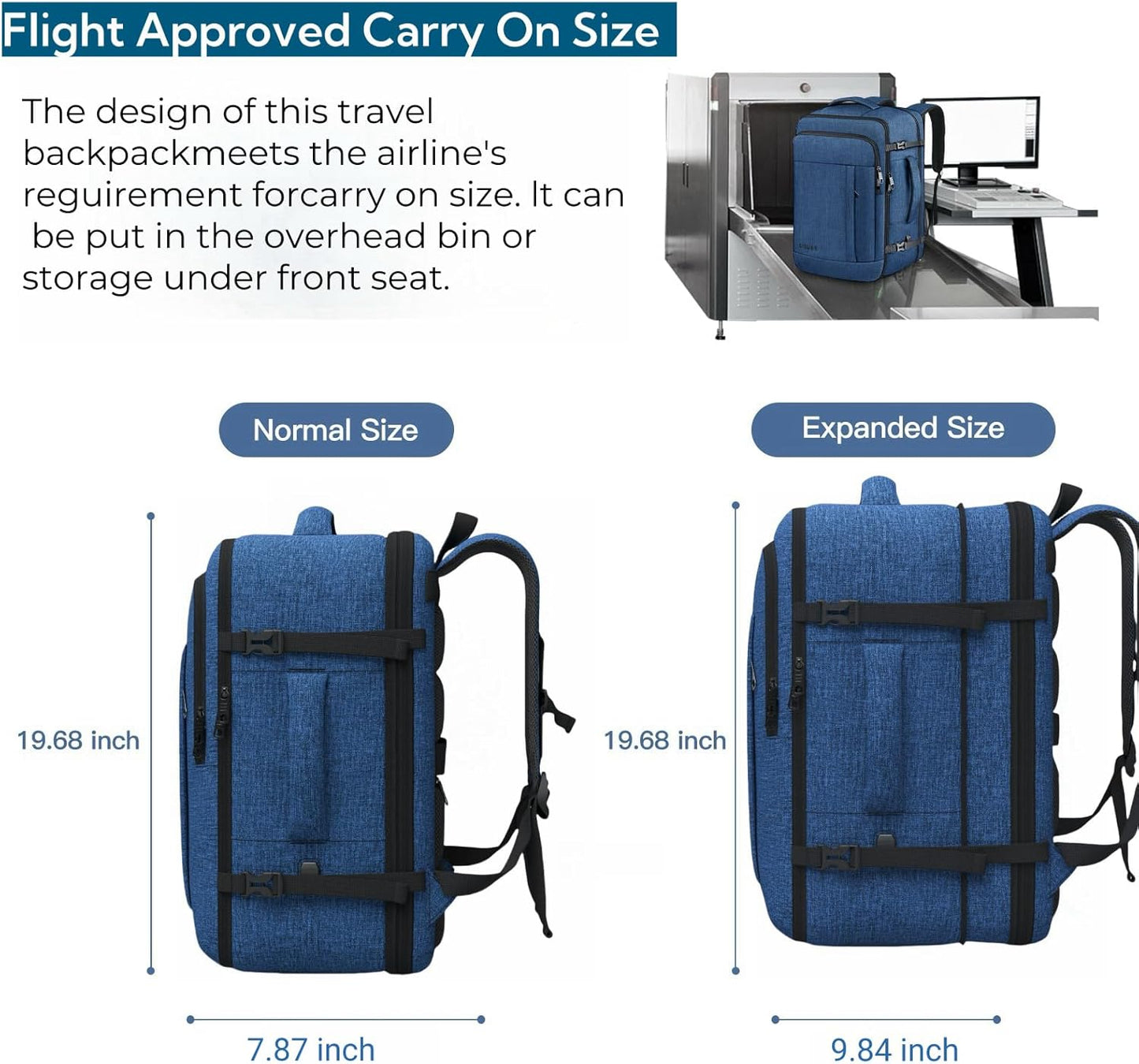 Carry On Backpack, Extra Large 50L Travel Backpack for Men & Women, Expandable Backpack For Airplanes, 17 Inch Laptop Backpack, Luggage Suitcase 40L Daypack Lightweight Business Weekender Bag, Blue