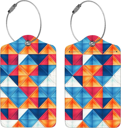 2 Pcs Luggage Tags for Suitcases,PU Leather Cruise Ship Luggage Tags with Privacy Cover Label Address Card and Durable Metal Ring Suitable for Men Women Handbags Backpacks,Colorful Triangles