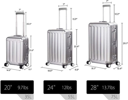 TRAVELKING All Aluminum Luggage Zipperless Hard Shell Suitcase with TSA Lock Spinner Wheels Lightweight Metal Alloy Suitcases (Silver, 24 inch)