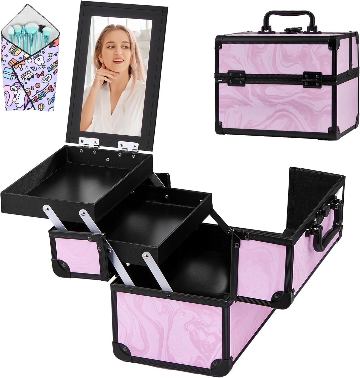 Makeup Train Case, Portable Makeup Case with Mirror, 2-Trays Cosmetic Organizer Case,Nail Polish Organizer, Travel Makeup Box, Profesional for Salon Barber, Pattern Black Pink