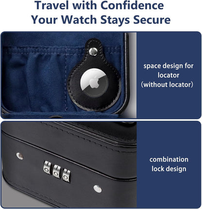 KAMIER Watch Travel Case with Combination Lock - 2 Watch Storage and Jewelry Organizer - Watch Case for Ring and Watch Storage, PU Leather Travel Watch Case, Ideal for Gift (With Gift Box) (Black)