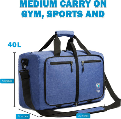 Bago Foldable Duffel Bags for Traveling Women & Men - 40L Sports Packable Duffle Bag for Travel with Shoe Compartment - Water Repellant, Heavy Duty, Lightweight Folding & Collapsible (SnowDepBlue)