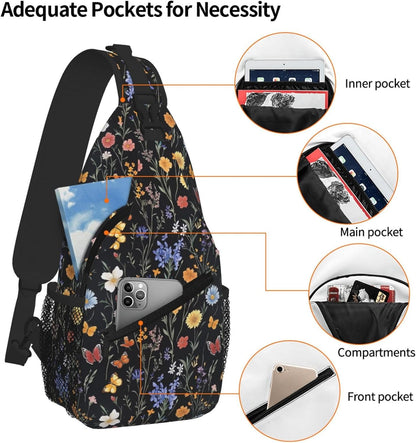 SUPLUCHOM Sling Bag Vintage Botanical Flower Wildflower Hiking Daypack Crossbody Shoulder Backpack Travel Chest Pack for Men Women