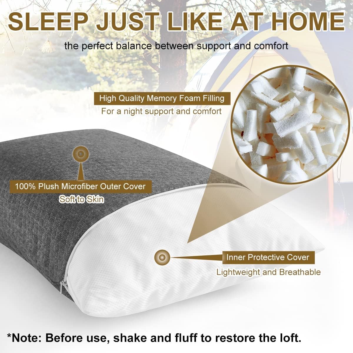 Ivellow Memory Foam Travel Pillow Compressible Camping Pillow for Sleeping Shredded Memory Foam Pillow Compact Firm Supportive Travel Pillow for Adults Kids Outdoor Backpacking Hiking Essential Gear-L