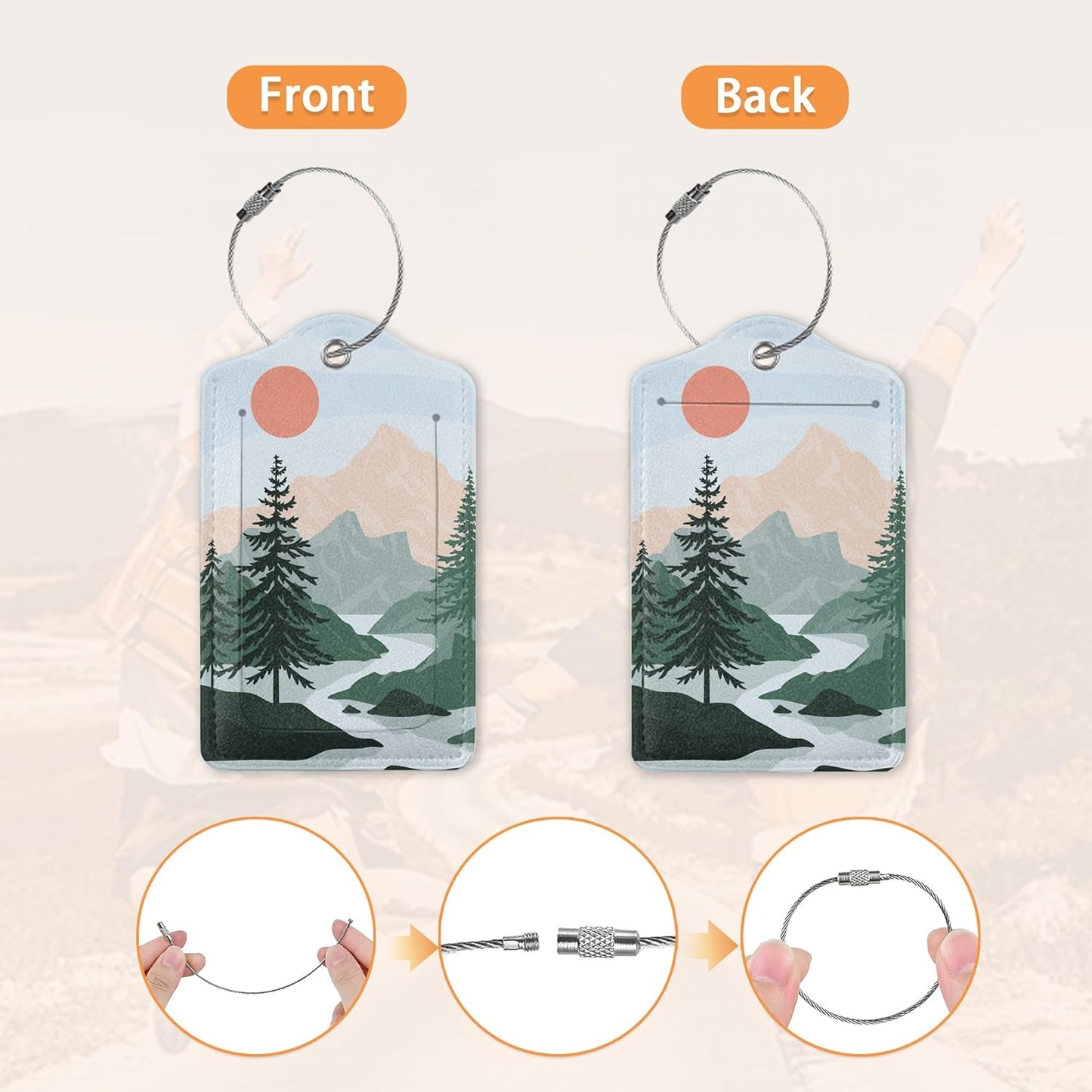 3 Pcs Luggage Tag for Suitcases,Mountain and Tree Sunset Landscape Leather Baggage Tags Identifiers for Travel,Privacy Protection Travel Bag Labels Suitcase Tags for Women Men