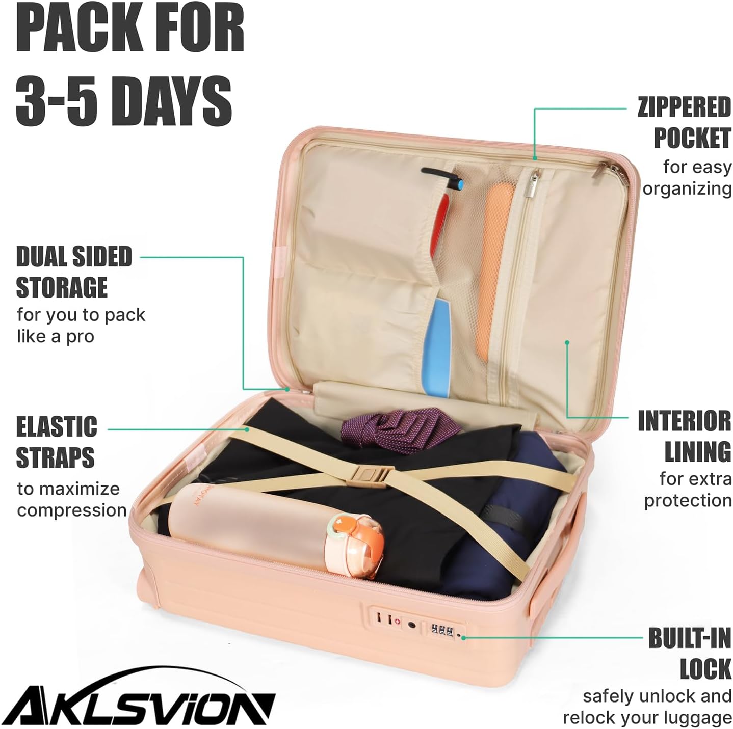 18-inch Carry-on Boarding Luggage: Equipped with Movable Wheels, TSA Approved,Under the Seat, Hard Shell Construction, Lightweight Bag with Essential Accessories (Baby Pink)