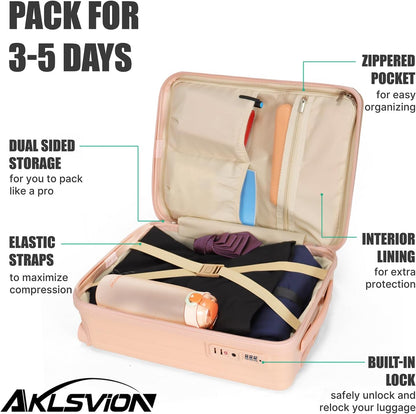 18-inch Carry-on Boarding Luggage: Equipped with Movable Wheels, TSA Approved,Under the Seat, Hard Shell Construction, Lightweight Bag with Essential Accessories (Baby Pink)