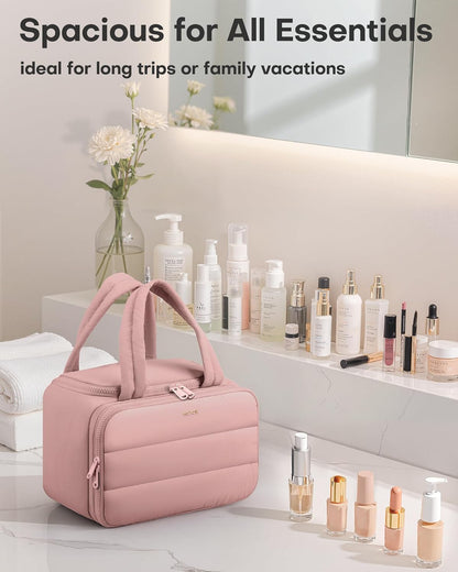 HOTOR Travel Toiletry Bag - Wide-Open Toiletry Bag for Women, Multi-Pocket Makeup Bag for Travel Essentials, Wet & Dry Separation Travel Accessories for Trip, Gym, 12.6" x 6.3" x 8.9", Dark Pink