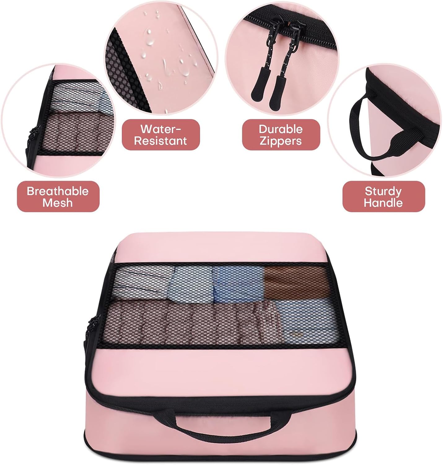 6 PCS Set Compression Packing Cubes for Travel, Lightweight Packing Organizer Bags Travel Essentials for Carry On, Suitcase, Home Closet - Pink