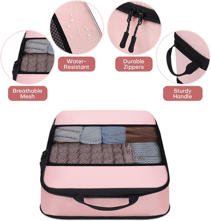 6 PCS Set Compression Packing Cubes for Travel, Lightweight Packing Organizer Bags Travel Essentials for Carry On, Suitcase, Home Closet - Pink