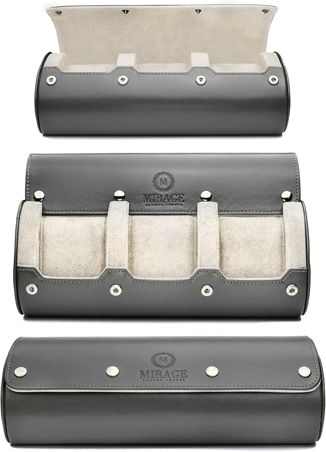 Watch Travel Case for Men - Mirage Watch Roll Storage and Display 3 slots - Slate Grey/Ivory White Interior Vegan Leather