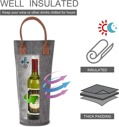 ZORMY Single Bottle Insulated Wine Tote, 1 Bottle Wine Carrier Bag Padded Wine Cooler Perfect Wine Lover's or Wedding Gift-Grey