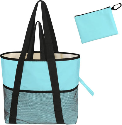 Sandproof Beach Bag with Zipper - 8-Pocket Waterproof Tote for Women & Family | Foldable Travel Swim Bag (Gift-Ready)