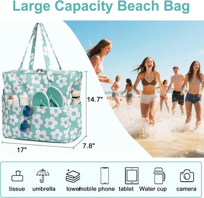 LEDAOU Large Beach Tote Bag Women Waterproof Sandproof Zipper Beach Tote Bag for Pool Gym Grocery Travel with Wet Pocket