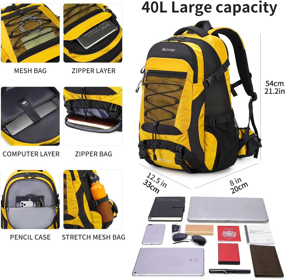 BOVIP 40L Hiking Backpack Waterproof Lightweight Daypack Travel Sports Camping Backpack for Men Women