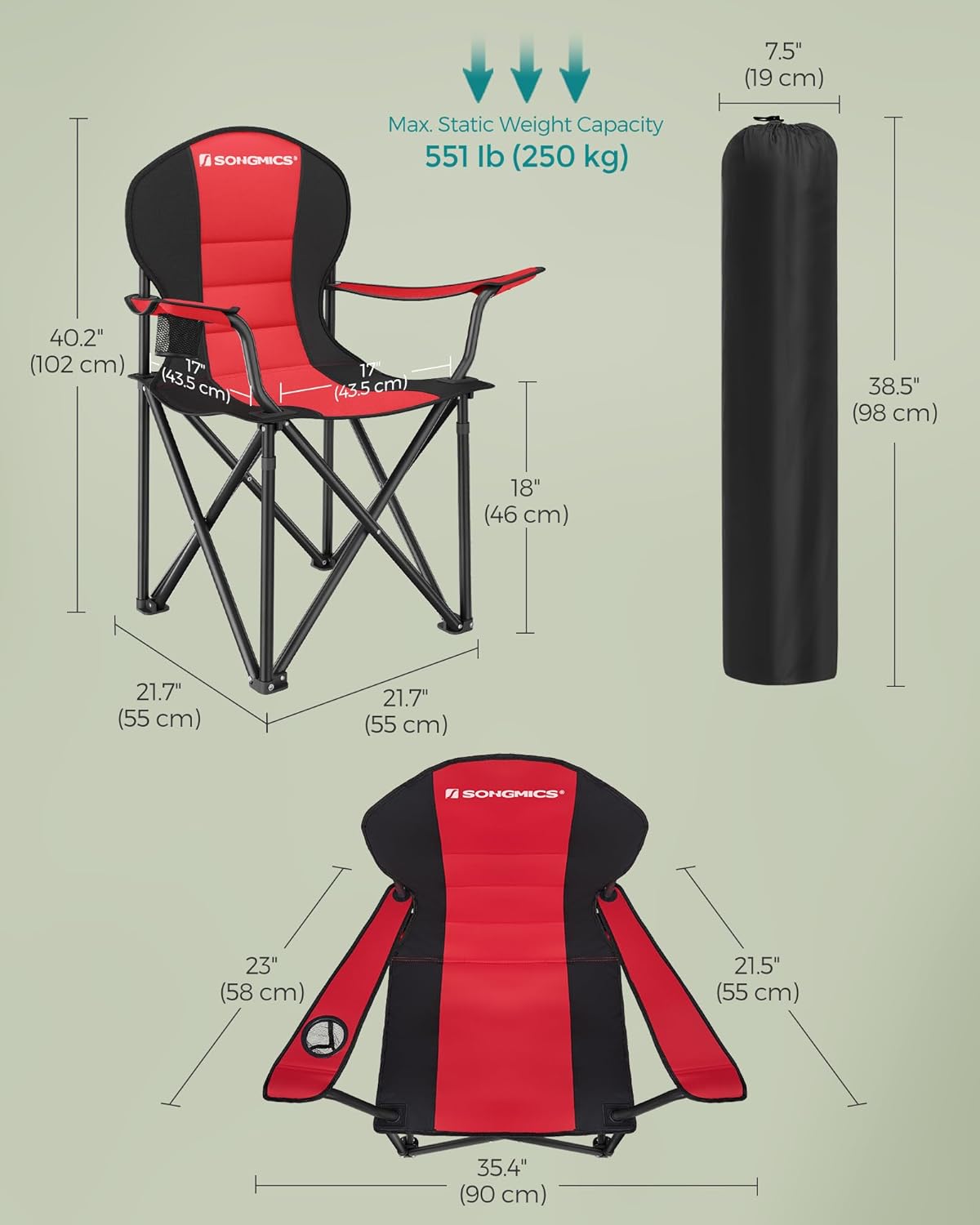 SONGMICS Folding Camping Chair, with Comfortable Sponge Seat, Cup Holder, Heavy Duty Structure, Max Load Capacity 551 lb, Outdoor Picnic Chair, Red and Black UGCB06BK