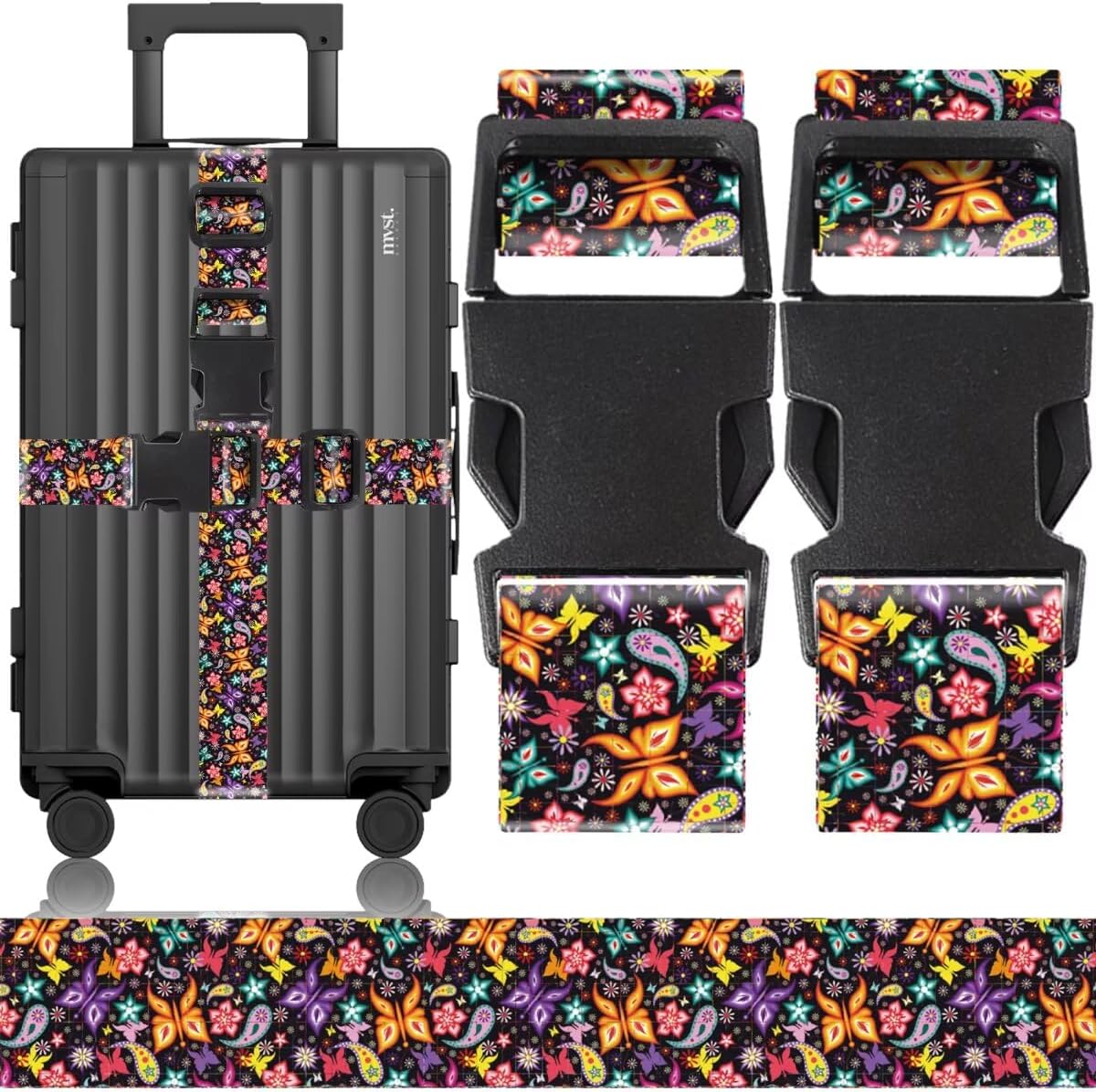 2 Pack Luggage Straps for Suitcases Adjustable Luggage Belt TSA Approved, Bright Colors Travel Packing Straps with Quick Release Buckle Unique Nylon for Sleeping Bag Car Seat, Butterfly Black