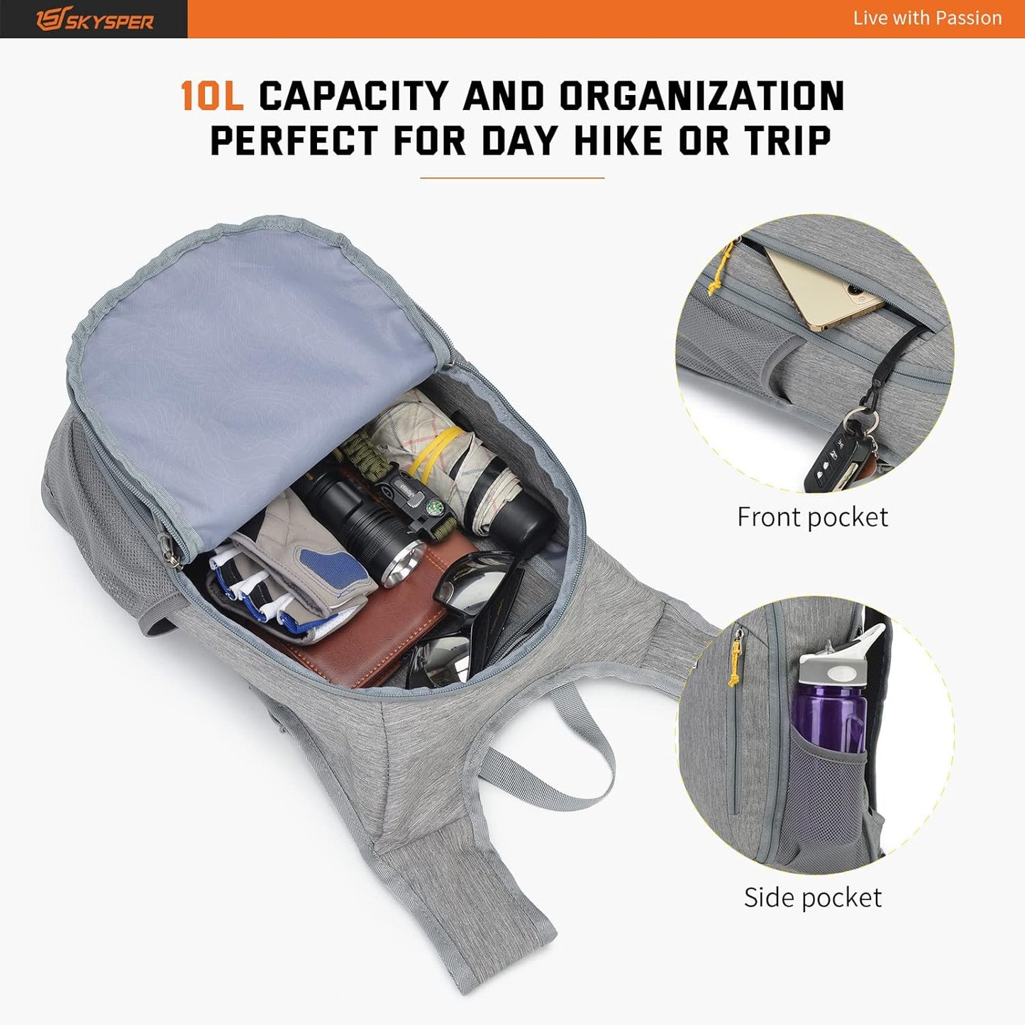 SKYSPER Small Daypack 10L Hiking Backpack Packable Lightweight Travel Day Pack for Women Men