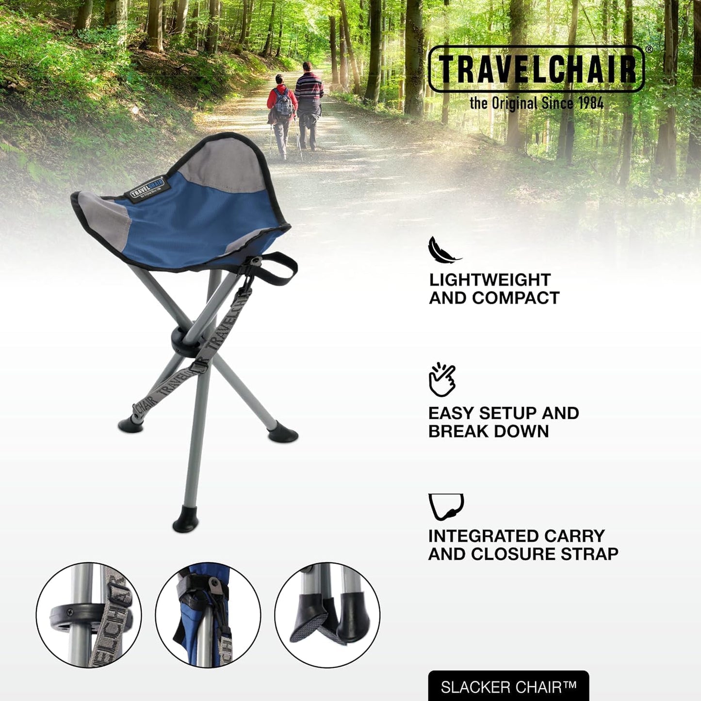 Travel Chair Slacker Tripod Chair for Camping, Lightweight Chair, Adjustable Carry Strap for Easy Transport | Oversized Duck Feet for Improved Stability | Perfect for Outdoor Adventures (Blue)