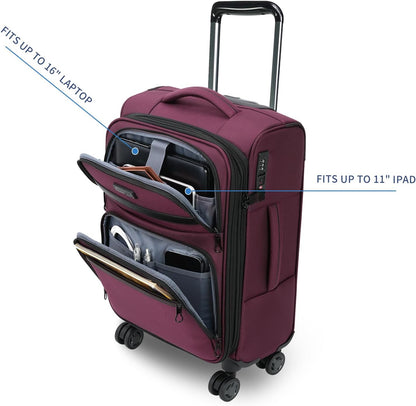 KROSER Softside Expandable Carry On Luggage with Spinner Wheels & Built-in TSA Lock, Durable Suitcase Rolling Luggage with USB Port, Carry-On 20-Inch, Burgundy