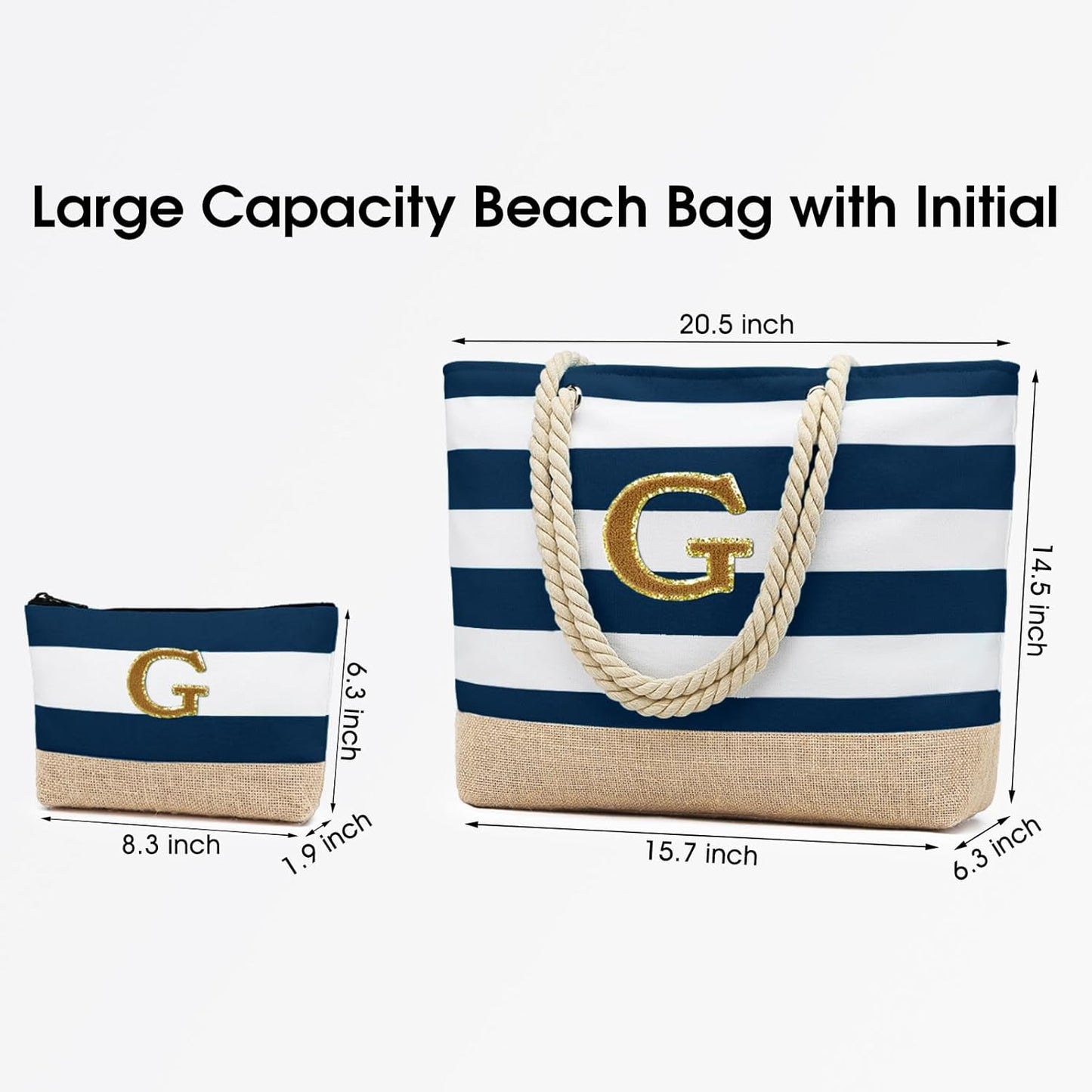 Becokan Beach Bag Initial Beach Tote with Makeup Bag for Travel Work Storage Personalized Birthday Gifts for Women Her