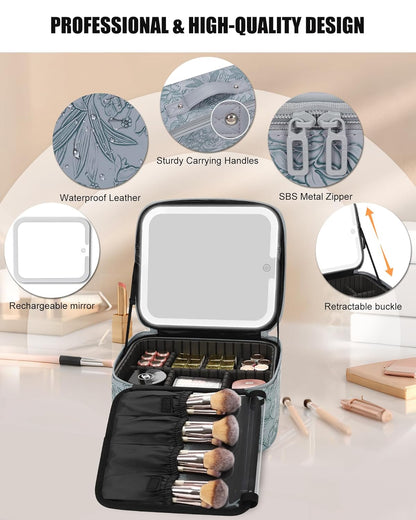 Relavel Travel Makeup Bag With LED Mirror for Women, Cosmetic Organizer Bag with Adjustable Brightness in 3 Color Scenarios, Detachable Dividers, Waterproof Train Case for Daily - Dark Blue FLowers