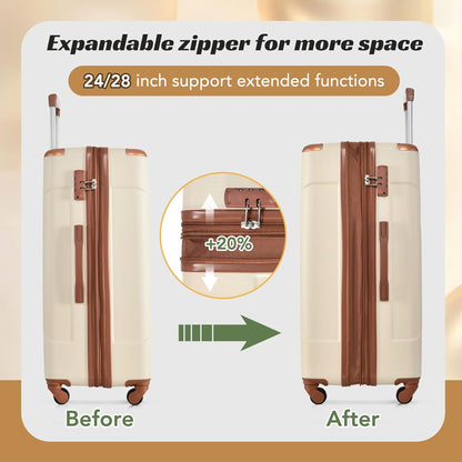 Merax Suitcases With Wheels Hardside Luggage Sets 3 Piece, Expandable And Lightweight, Travel Suitcases For Woman And Man (White Brown)