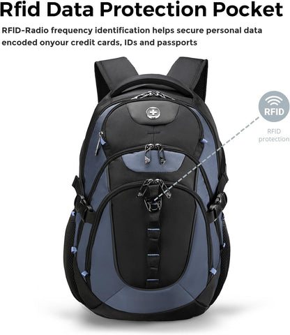 Swissdigital Design Laptop Backpack with USB Charging Port, TSA Travel Backpack Fits 15.6 inches Computer, 31L College School Backpack for Men, Haze Blue/Black | SD803