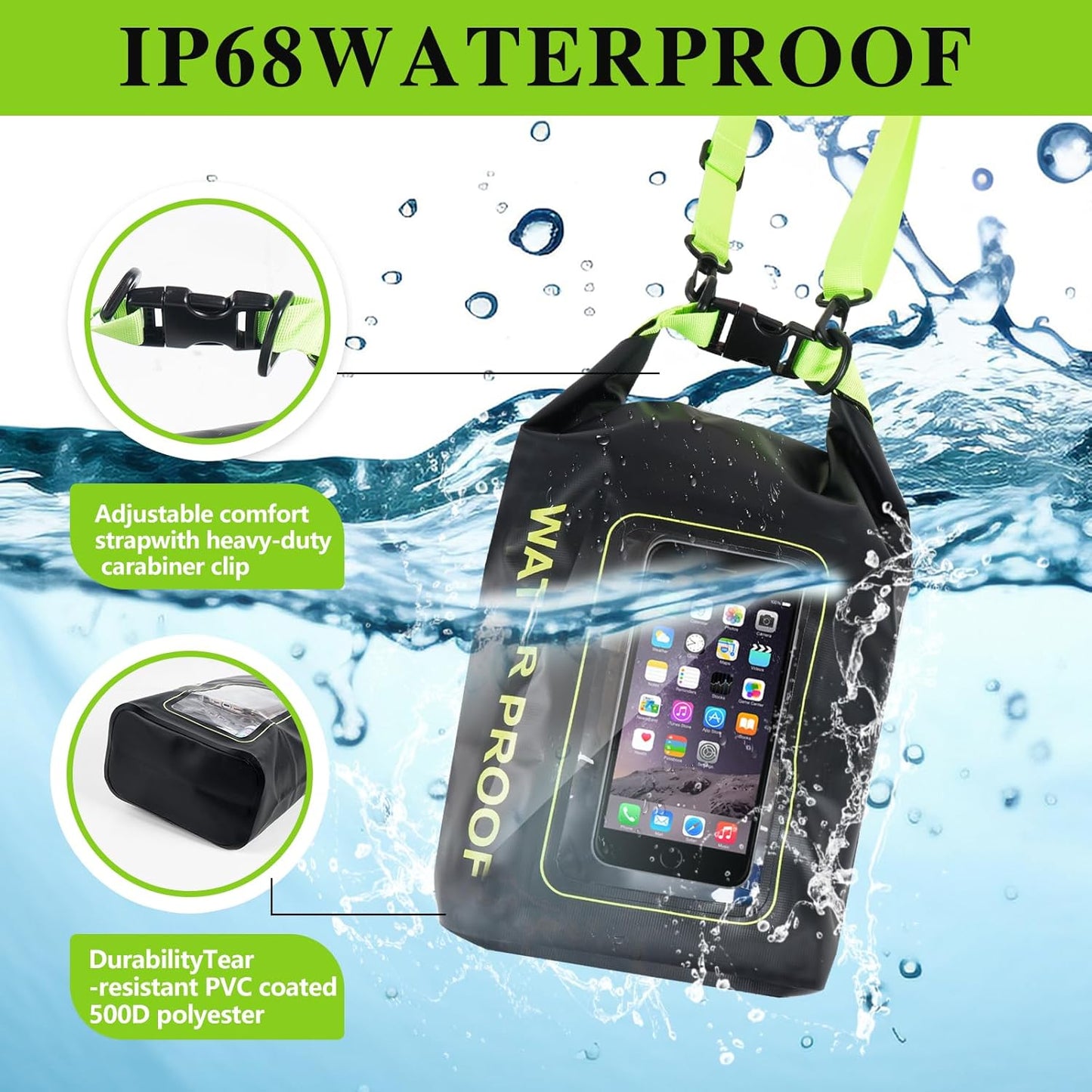 IP68 Waterproof Dry Bag, 2L - Roll Top Waterproof Pool Bag，Dry Bags for Kayaking Waterproof-w/Phone Pouch,Large Waterproof Phone Pouch,Boating & Kayak Accessories Camping (Black 5L)