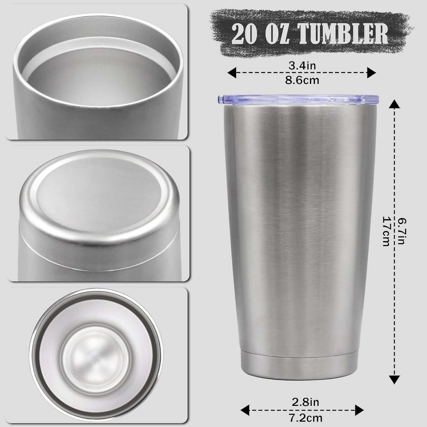 20 oz Tumbler Coffee Tavel Tumblers Bulk with Lid Stainless Steel Double Wall Vacuum Insulated Mug Powder Coated Cups fit Car Cupholder for Hot and Cold - Stainless Steel, 4Pack