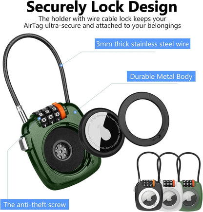 Compatible with Apple AirTag Secure Lock with Wire Cable, 3-Digit Combination Luggage Locks, Alloy Body Ultra Durable Anti-Lost Protective Case for Luggage, Bags, Suitcase, and Backpacks (GREEN)