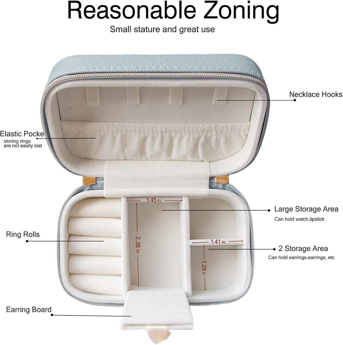 Small Jewelry Travel Case For Womens Small Rectangle PU Leather Jewelry Box With Zipper 2.56" H Portable Travel Jewelry Case For Earring Rings Necklaces Bracelets Blue Jewelry Gifts Box