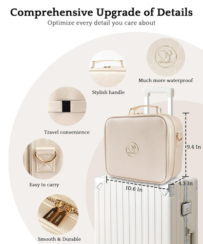 MOMIRA Travel Makeup Bag Cosmetic Bag with Lighted Mirror, Adjustable Brightness in 3 Color Scenarios/Detachable makeup mirror, All-round Upgrade, Waterproof, Gift for Women -Khaki