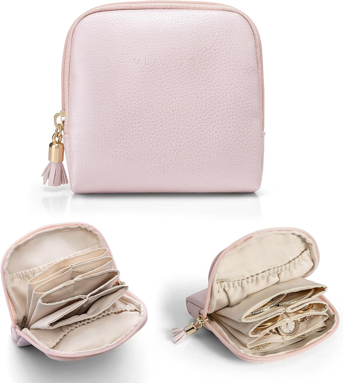 Vlando Small Jewelry Travel Case,Jewelry Pouch Bags with Zipper,Velvet Jewelry Organizer Storage Bag for Bracelet Rings Earring Travel Essentials Gifts for Women Girl-Pink