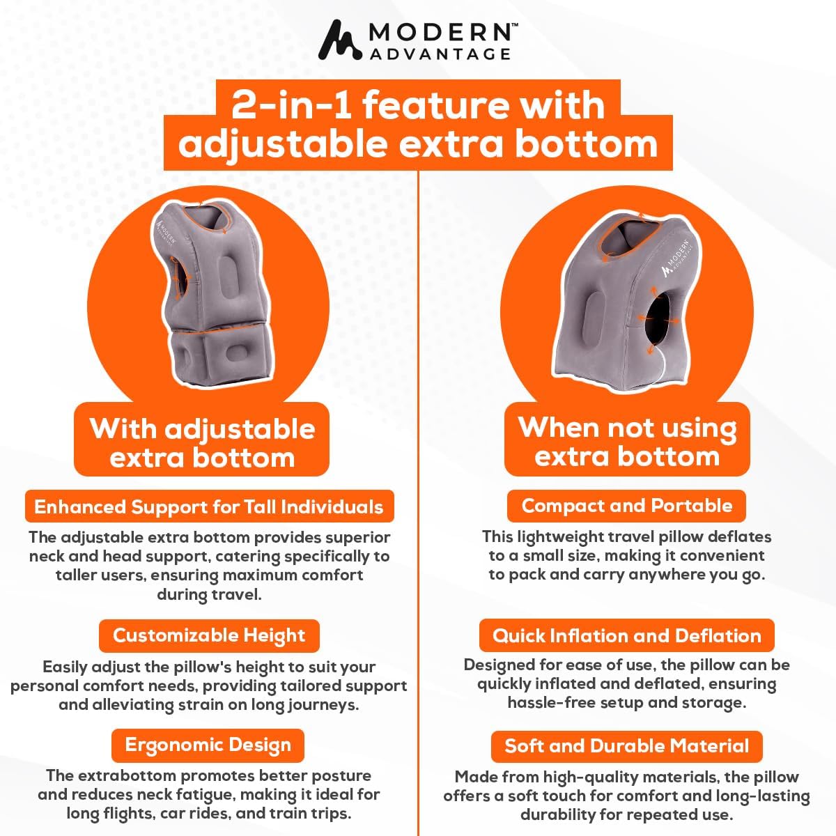 Modern Advantage Inflatable Travel Pillow for Airplanes with Adjustable extra Bottom, Support head & chin to avoid Neck & Shoulder Pain for Travelling office napping with Eye Mask & Earplug, Pack of 2