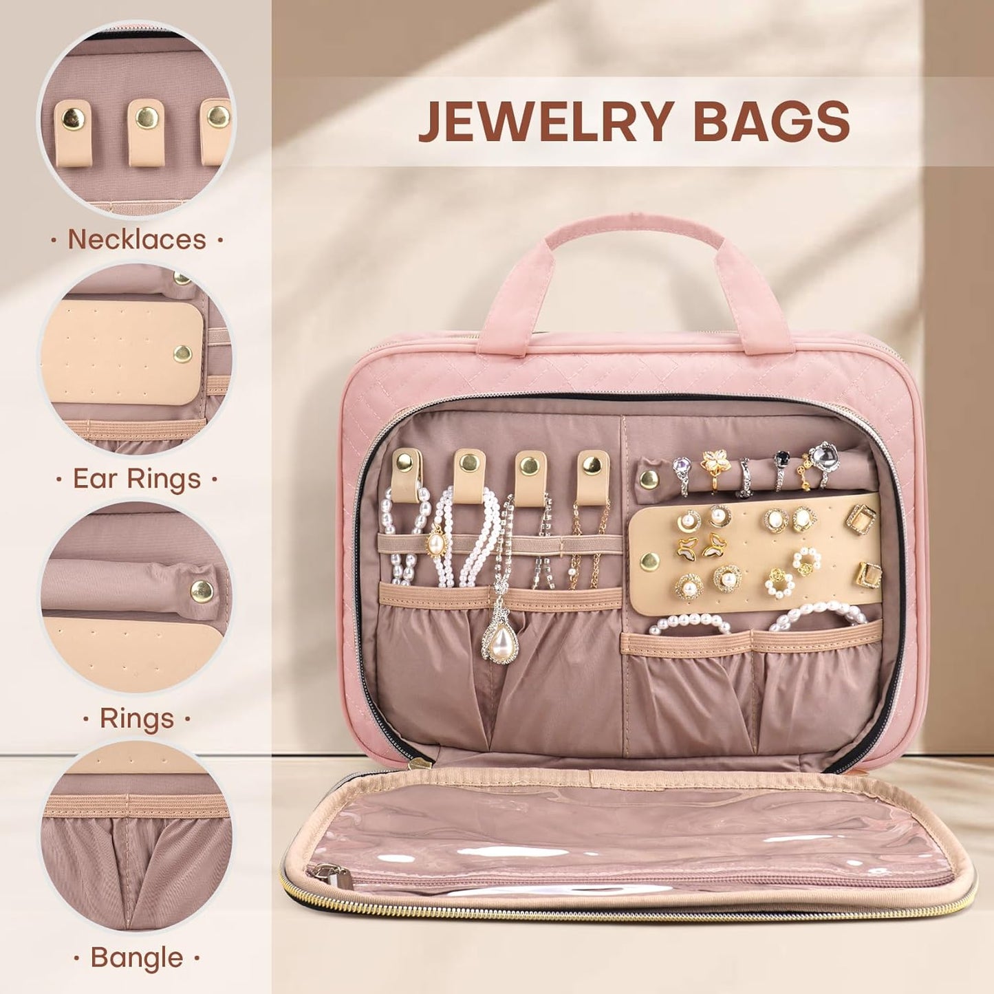 8L Travel Toiletry Bag with Jewelry Organizer for Women - 2.1 GAL Water-resistant Makeup Cosmetic Bag With Hanging Hook for Accessories Shampoo Full-size Container, Pink