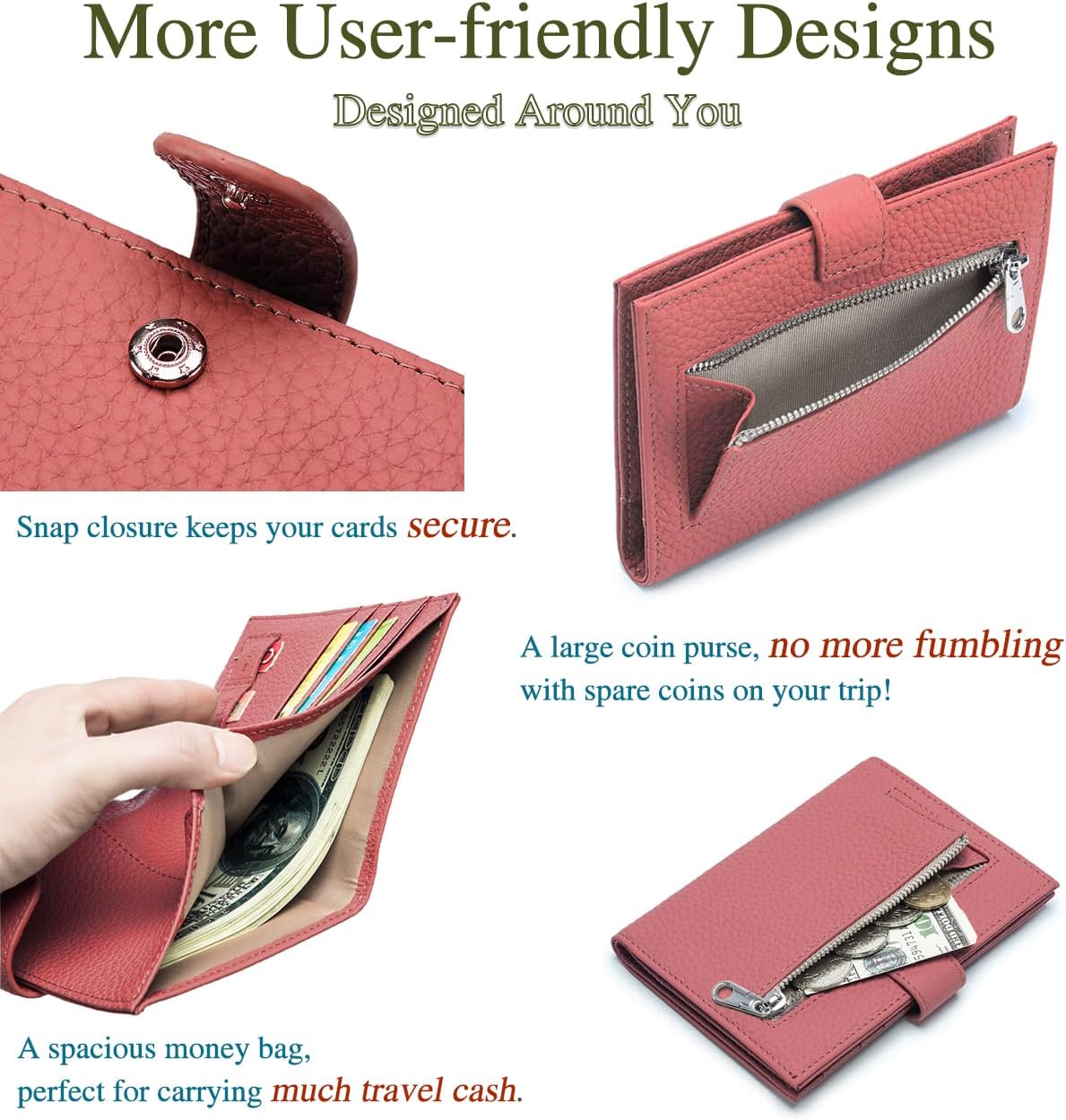 Slim RFID Passport Wallet for Women – Leather Travel Passport Holder for Men with Passport Slot & Card Slots, Zippered Coin Pocket & Cash Holder Travel Organizer Brick Red