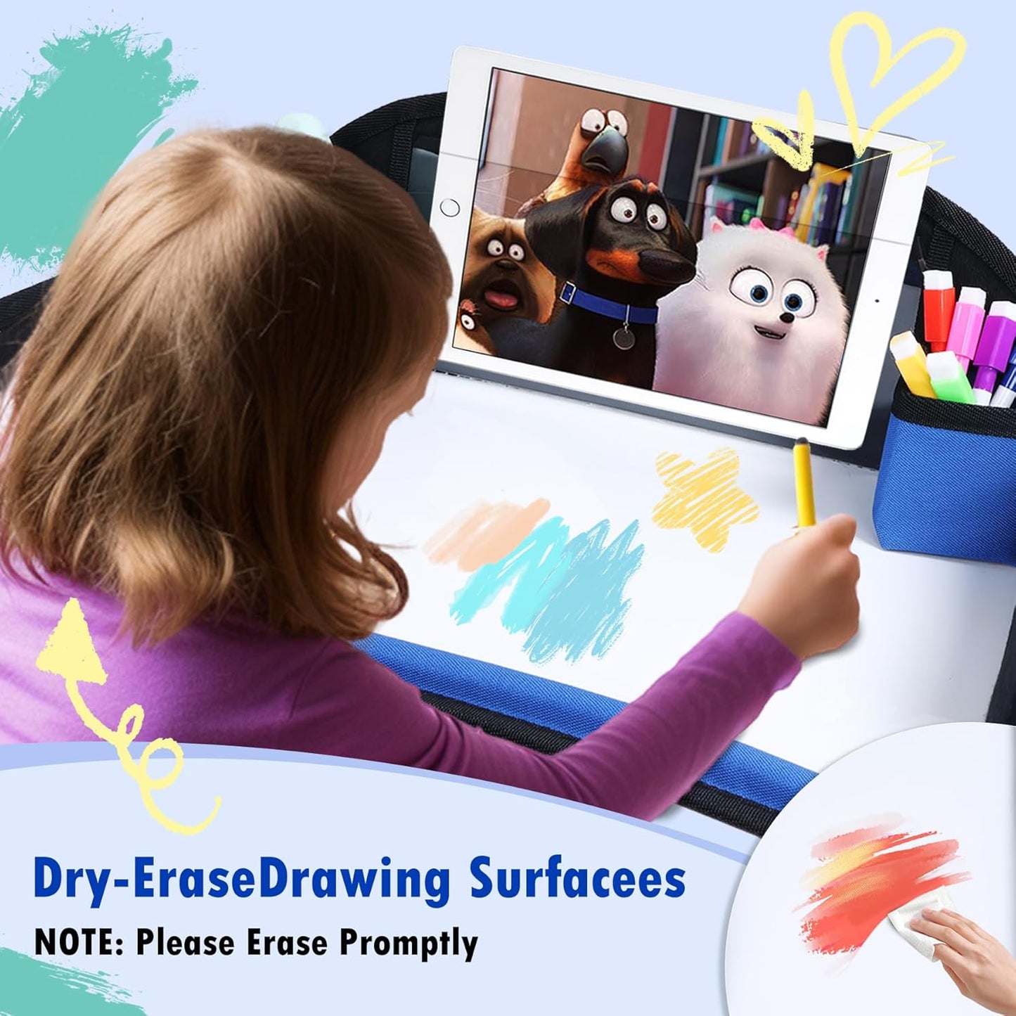 Kids Travel Tray for Car Seat, Toddler Road Trip Essentials With Drawing Kit, Travel Activities Must Haves (Navy Blue-2PCS)