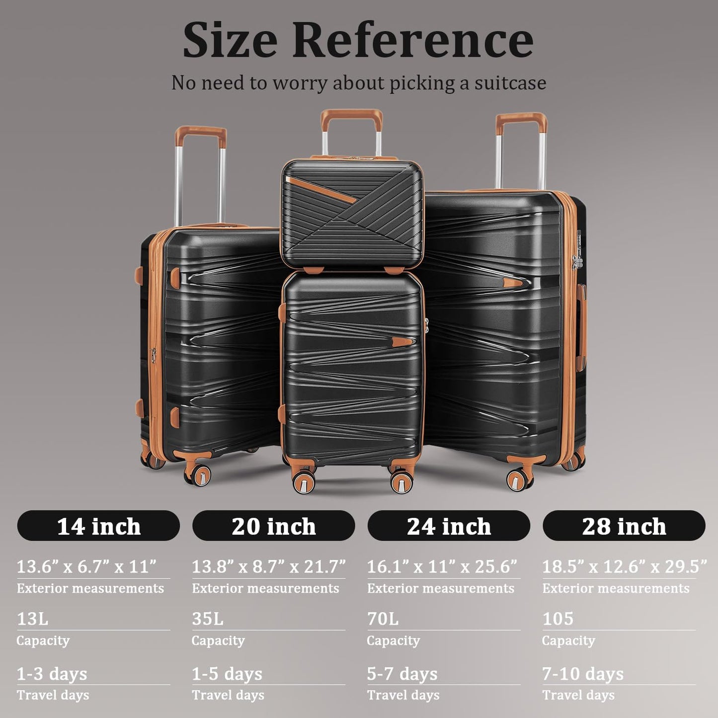 4-Piece Expandable Hardshell Luggage Set with TSA Lock (14/20/24/28) - Lightweight PP Suitcases, 360° Silent Spinner Wheels and Durable 100LB Handle for Air Travel (Black)