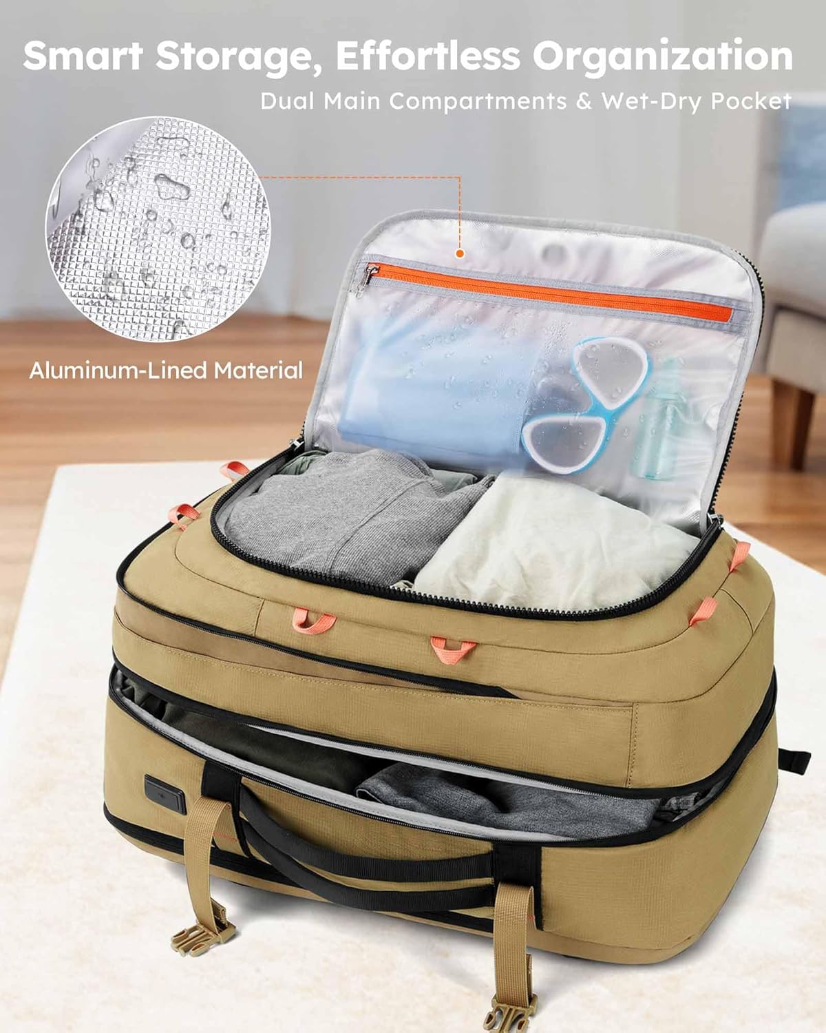 Tolaccea Travel Laptop Backpack, TSA Flight Approved Carry On Travel Duffel Backpack, Dual Laptop Storage for 17.3" and 15.6" Laptop, Large Luggage Backpack 40-45L Expandable for Men Women (Khaki)