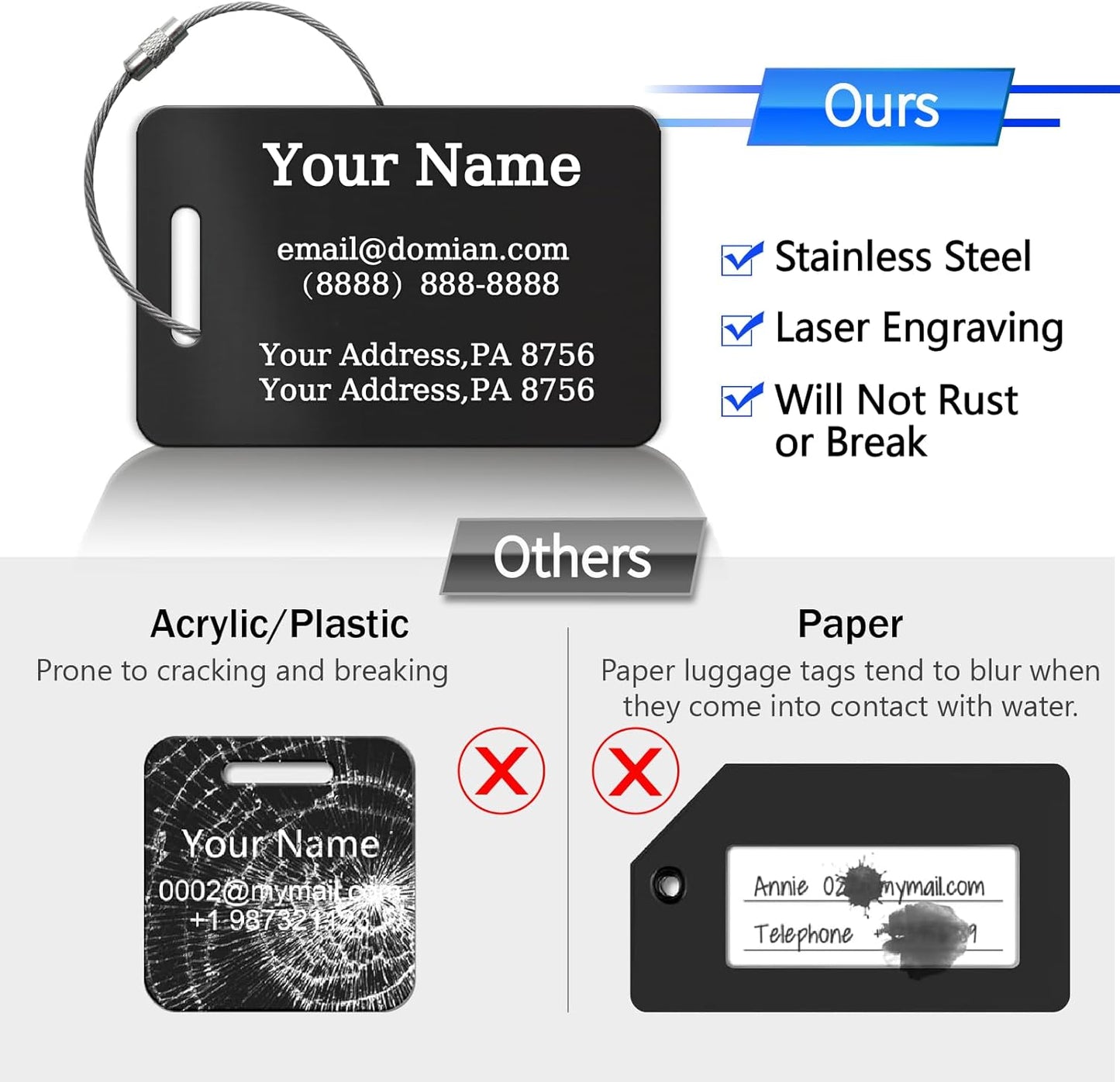 （2-Pack） Stainless Steel Custom Luggage Tags - Laser Engraved Personalized Travel Tags - Custom Name Identification Tags: for Suitcases, Backpacks, Bags and More (Blue)