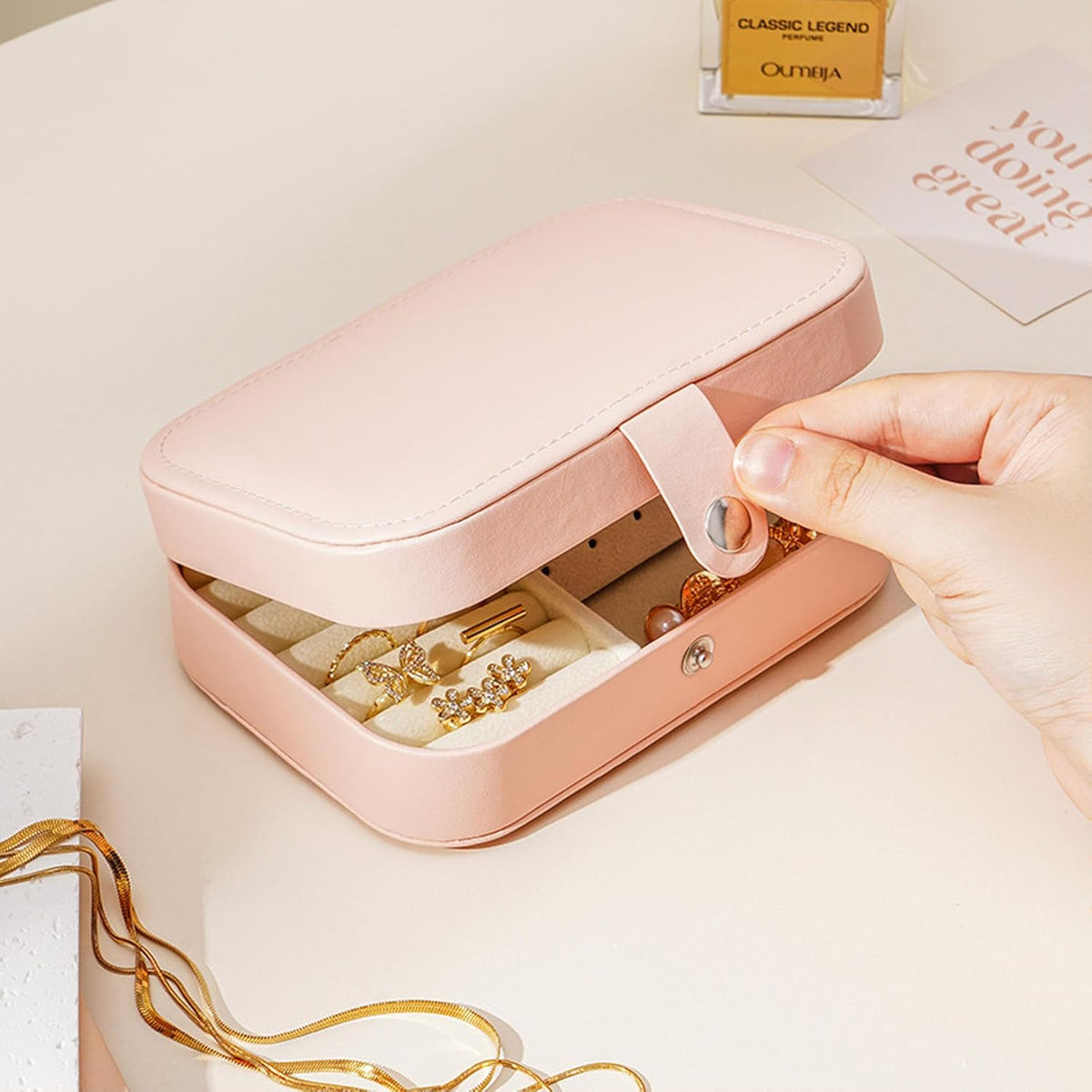 Travel Jewelry Box,Jewelry Travel Case, Small Jewelry Box,2 Layer Travel Jewlery Case, PU Leather Mini Portable Jewerly Storage Display Holder for Earrings, Ring, Necklaces, Bracelets (Pink)