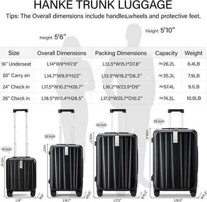 Hanke 26 Inch Large Checked Luggage PC Hard Shell Luggage Top Opening Travel Luggage Suitcases with Wheels for Woman Men.(Jet Black)