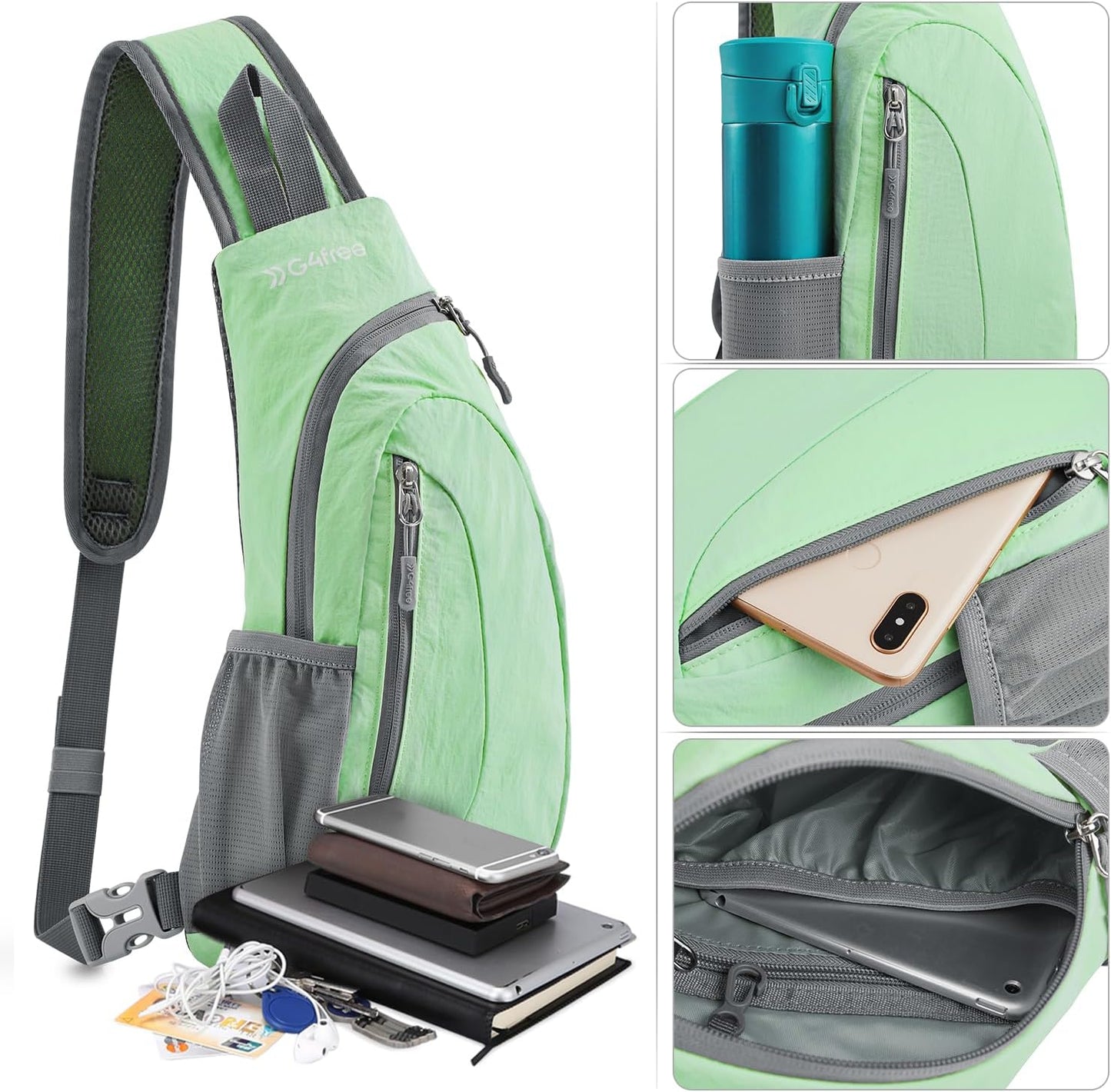 G4Free Sling Bag for Men Women, Small Crossbody Backpack Lightweight Chest Shoulder Bags for Travel, Outdoor and Sports (Light Green)