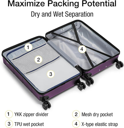 KYME Hardside Expandable Carry On Luggage 22x14x9 Airline Approved with TSA Lock Hardshell Carry On Suitcase with Wheels Small Travel Rolling 20 Inch Luggage with Cup Holder for Women Dark Purple