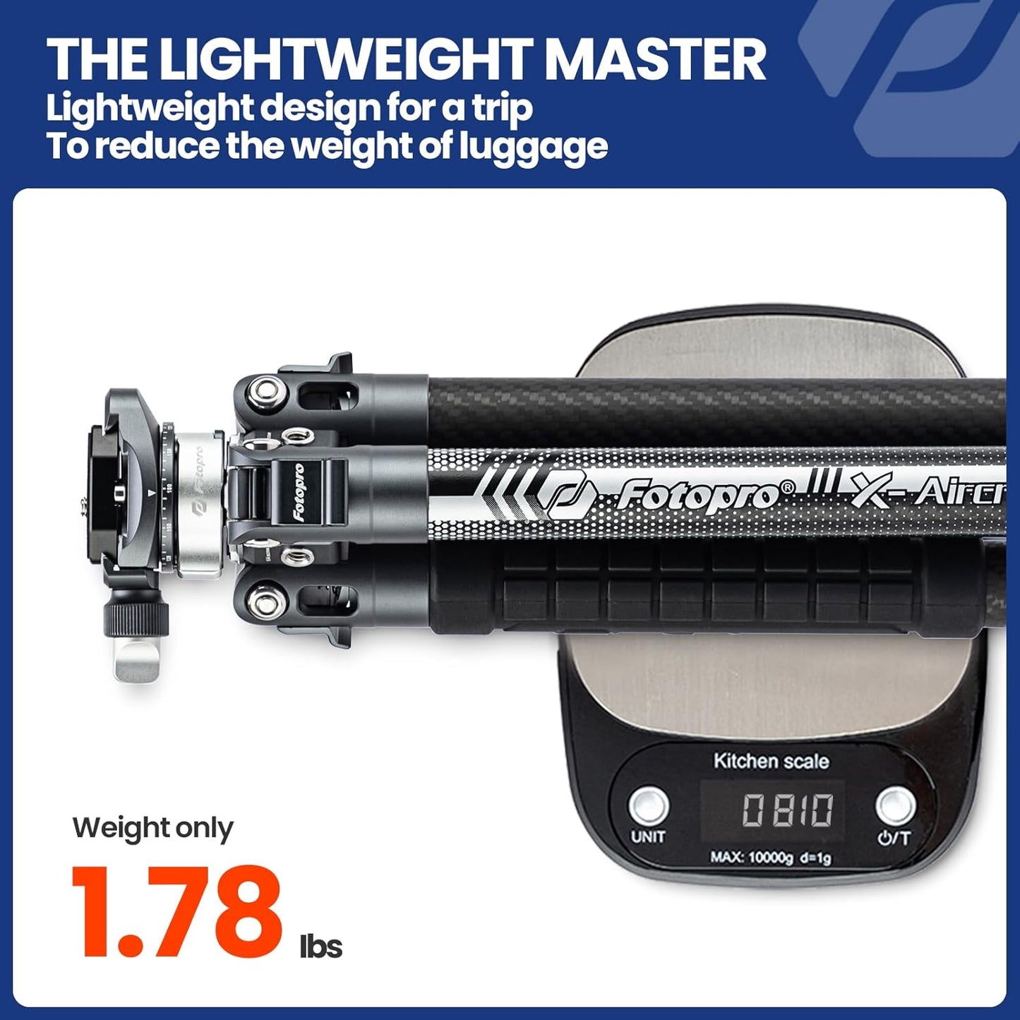 Fotopro Carbon Fiber Tripod 1.7lbs Ultralight 62 Inch Portable Compact Travel Tripod for Camera DSLR Load up to 22lbs X-Aircross 3 Lite Grey