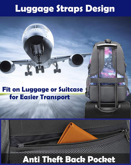 Galaxy Backpack for College Sturdy Bookbag Travel Business with USB Charging Port Laptop compartment Chest Straps Anti Theft Night Light Reflective (Galaxy)