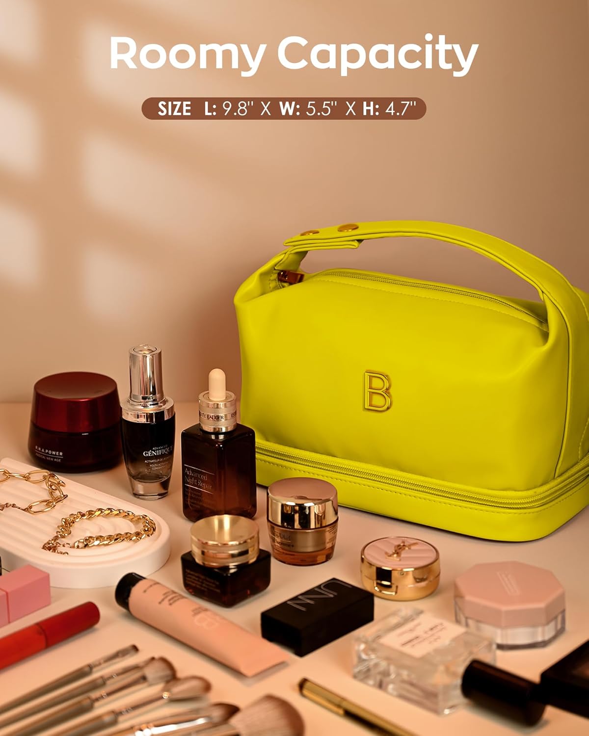 Personalized Gifts for Women Unique, Makeup Bag with Handle, Initial Double Layer Cosmetic Bag with Makeup Brush Organizer, Cute Cosmetic Pouch for Women, Gifts for Friends Female Mom