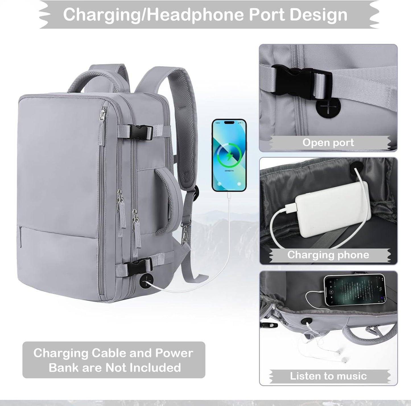 Hanples Large Travel Backpack for Women as Person Item Flight Approved, 35L Carry on Backpack,17 Inch Laptop Backpack with USB Charging Port, Travel Essentials with 2 Toiletry Bags (Gray)