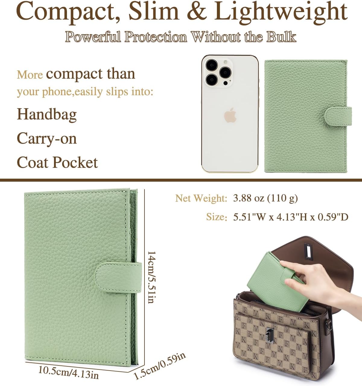 RFID Leather Passport Holder for Travel Women – Slim Passport Wallet with 1 Passport Slot & 3 Card Slots, Zippered Coin Pocket & SIM Slot – Travel Passport Cover Case (Light Green)